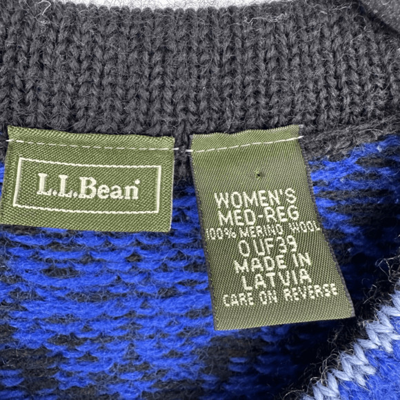 Vintage LL Bean Womens M Cardigan Sweater Wool Blue White Nordic Scandinavian - Picture 3 of 10